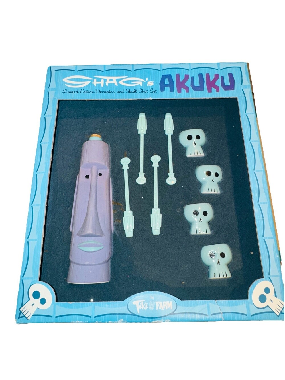 NEW Shag X Tiki Farm Decanter & 4 Skull Shot Set Akuku 2002 Mug Signed Numbered